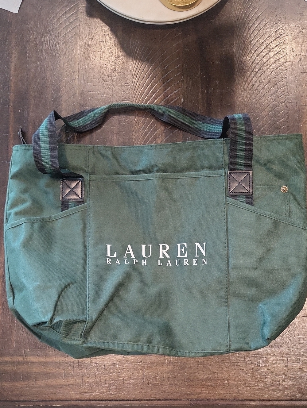 Lauren Ralph Lauren Forest Green Canvas Tote with Striped Web Handles
